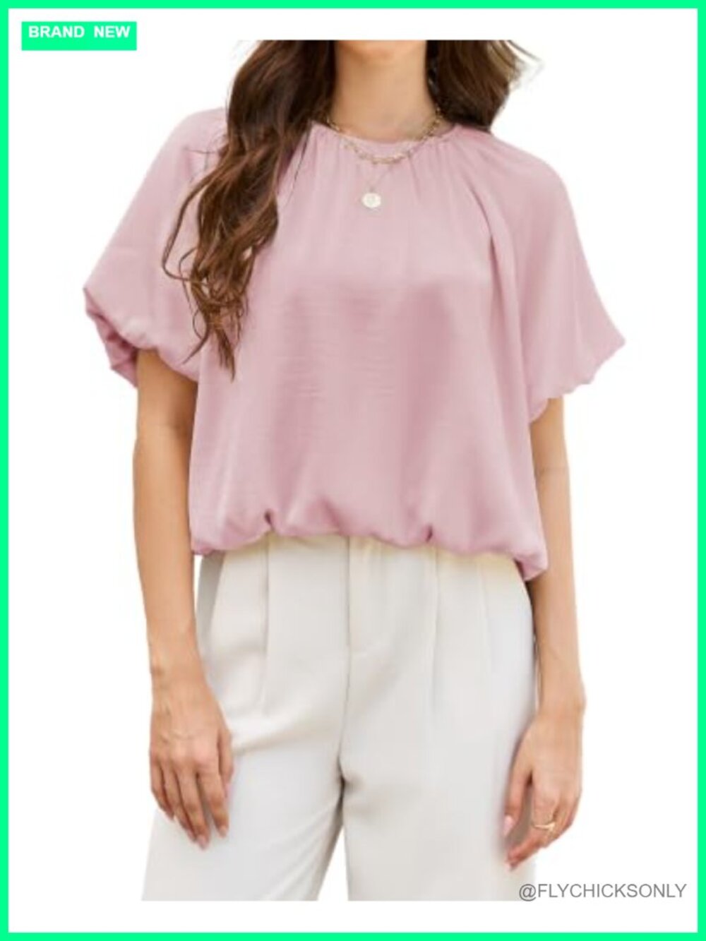 Satin Bubble Crop Top Puff Sleeve Crew Neck Blouse